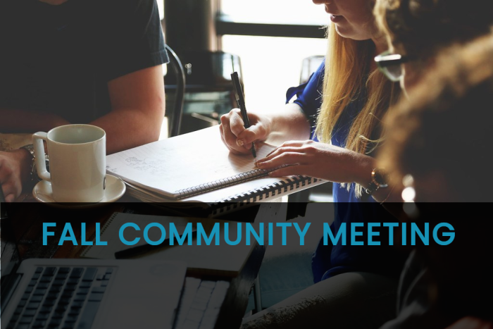 Text: Fall Community Meeting Image: people gathered to meet with coffee