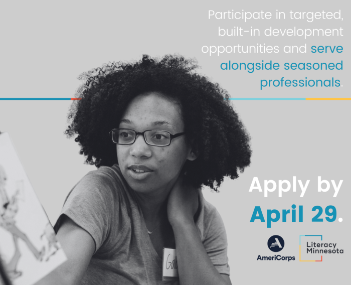 Image of person reading a children's book. Text: Participate in targeted, built-in development opportunities and serve alongside seasoned professionals. Apply by April 29.