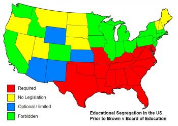 Color coded map showing school segregation in the United States prior to Brown vs. Board of Education