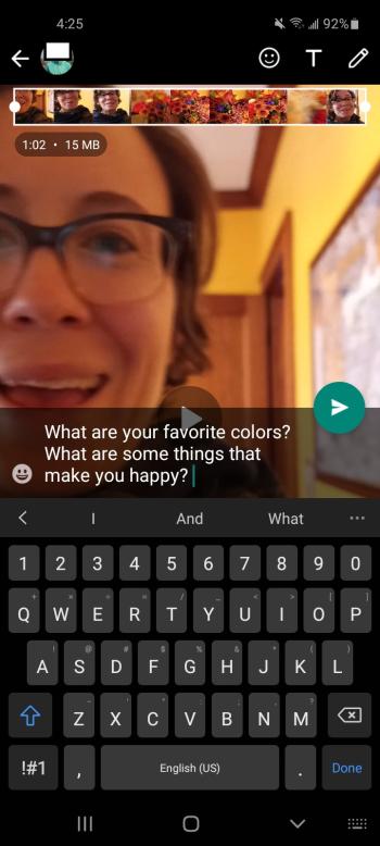 Screenshot of a WhatsApp video with question prompts as the caption