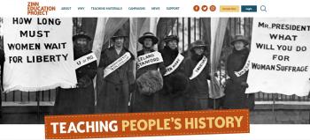 Screen shot of the Zinn Education Project website with a black and white photo of women protesting for the right to vote