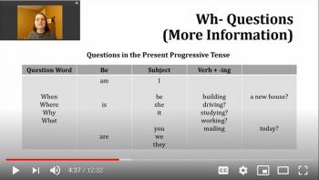 screen shot of Verb of the Day video showing wh-questions for the verb send