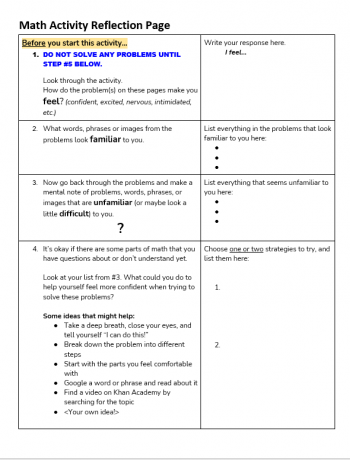 Math reflection sheet