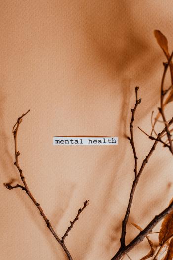 the image shows some branches in front of a pink wall with the text "mental health"