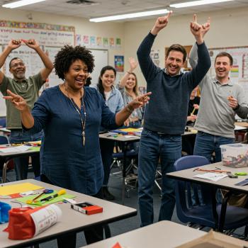 a diverse group of adult learners standing and moving in a classroom