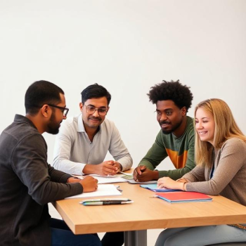 Four adult English language learners of diverse races sitting around a table working together.