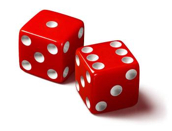 two red dice with white numbers