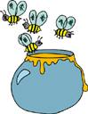 pot of honey with bees buzzing by it