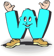 A blue W with hands, feet, and a smiling face