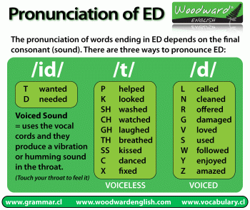 Green grid with examples of pronunciation of -ed endings