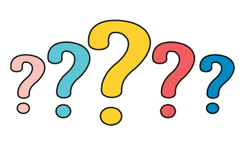 row of five pastel colored question marks