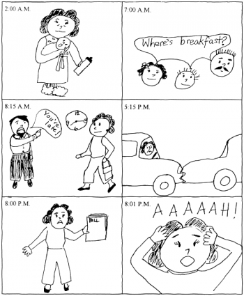 a black and white picture story showing a woman with a stressful life