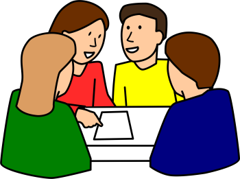 four people sitting in a group around a table 