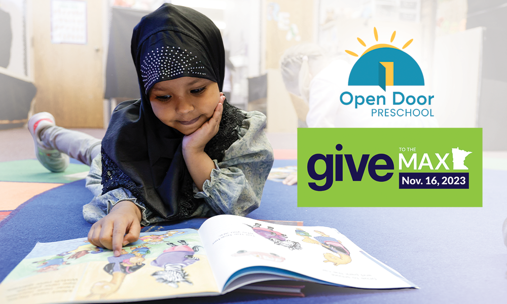 Preschooler reading and give to the max day logo