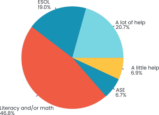 The need for literacy 48.6% literacy and/or math, 20.7% a lot of help, 19.0% ESOL, 6.9% a little help, 6.7% ASE