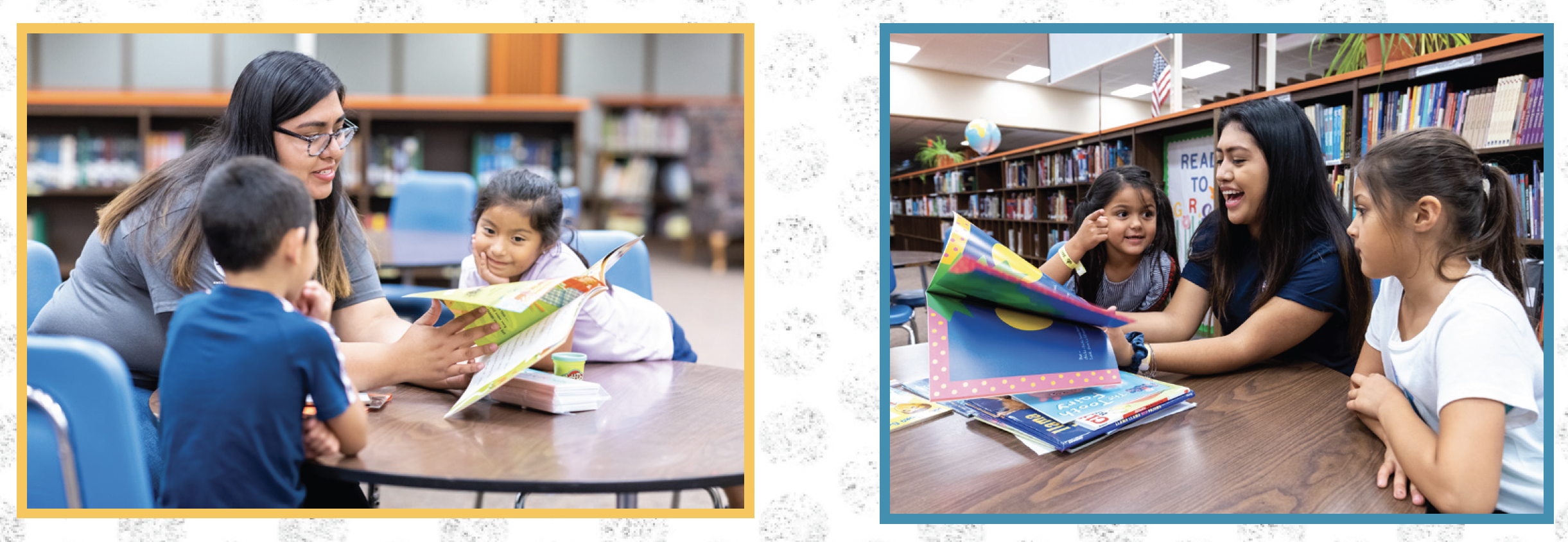 Two images in a graphic. The images show Michelle and Danice Martinez reading to kids in the 2019 Summer Reads program.