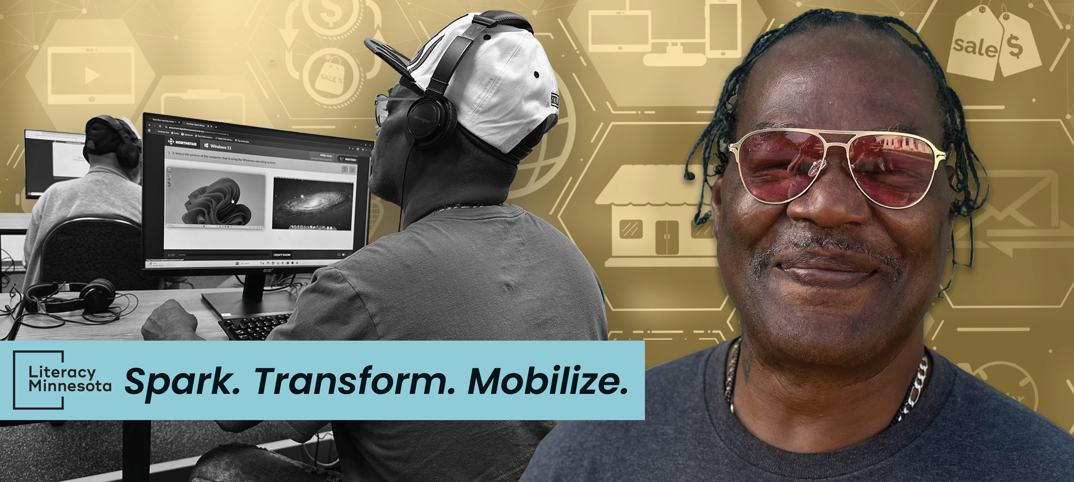 Picture, Willie Jones smiling at camera overlayed on another picture of Willie working in the computer lab.