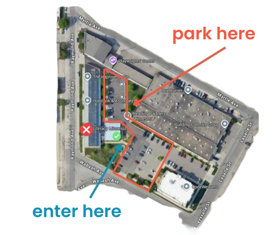 Street view map of parking and school entrance.